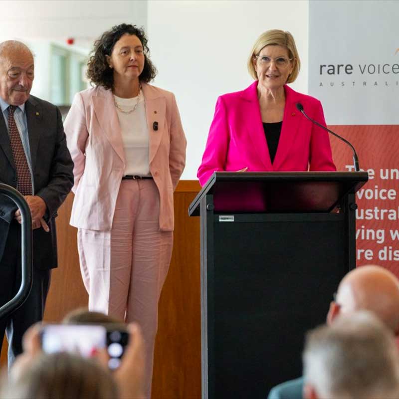 2026-Rare-Disease-Day-Parliamentary-Event-3 Senator Wendy Askew, Co-Chair, Parliamentary Friends of Australians Living with a Rare Disease with Dr Mike Freelander MP, Co-Chair, Parliamentary Friends of Australians Living with a Rare Disease and Dr Monique Ryan MP, Co-Chair, Parliamentary Friends of Australians Living with a Rare Disease. Speaking together at the event