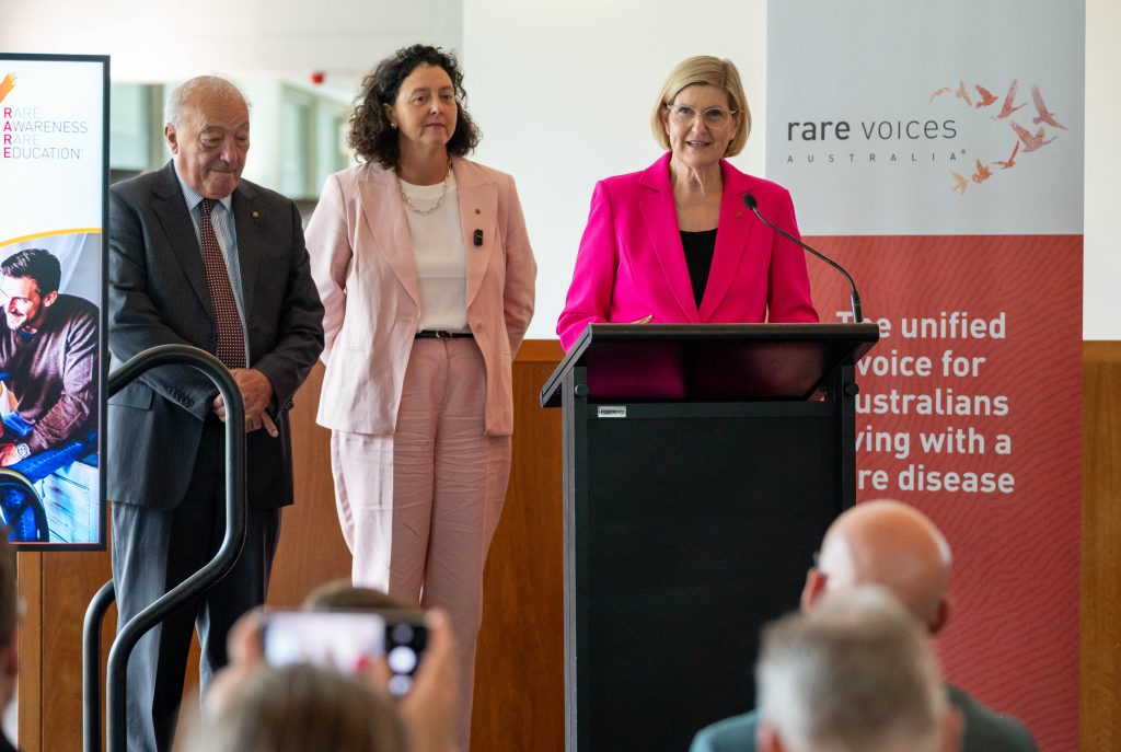 Senator Wendy Askew, Co-Chair, Parliamentary Friends of Australians Living with a Rare Disease with Dr Mike Freelander MP, Co-Chair, Parliamentary Friends of Australians Living with a Rare Disease and Dr Monique Ryan MP, Co-Chair, Parliamentary Friends of Australians Living with a Rare Disease. Speaking together at the event