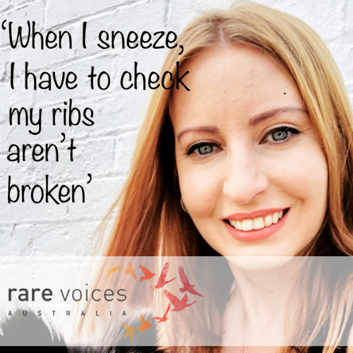 Lily smiling with words, 'When I sneeze, I have to check my ribs aren't broken'